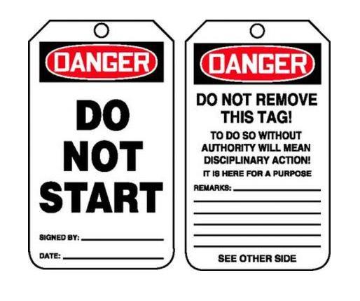 Danger Do Not Start Plastic Tag