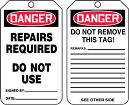 3.25"x5.75" Danger Repairs Required Plastic Tag