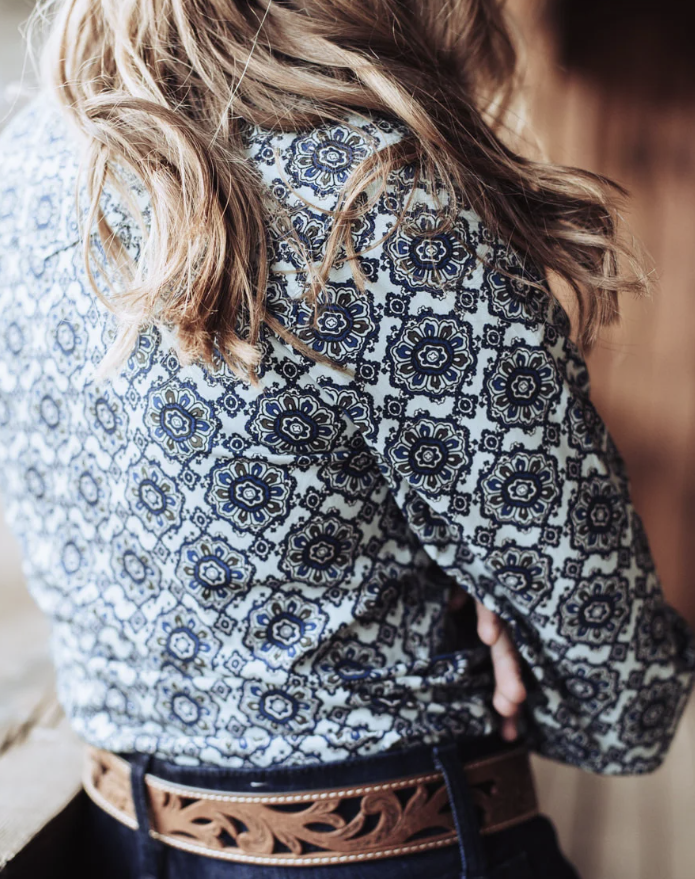Cinch Light Blue Geo Print Snap Shirt