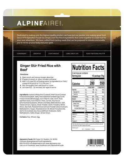 Alpine Aire Ginger Stir Fried Rice with Beef Freeze Dried Meal