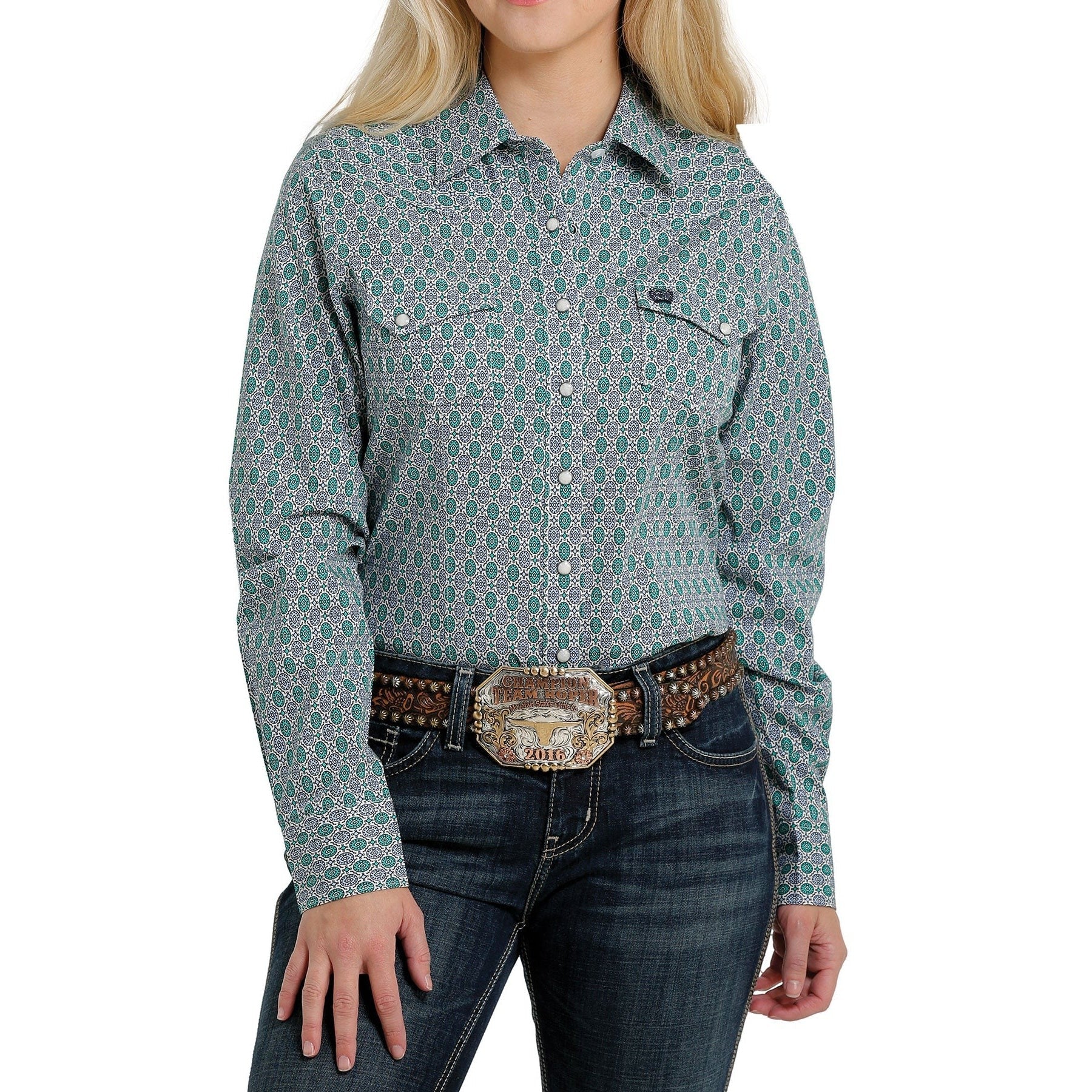 Cinch Blue & Green Circle Geo Print Shirt