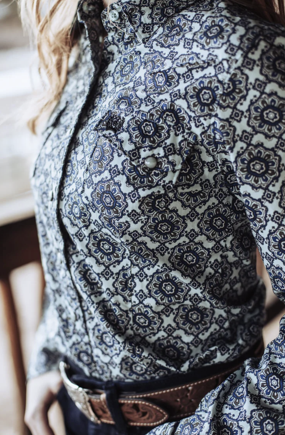 Cinch Light Blue Geo Print Snap Shirt