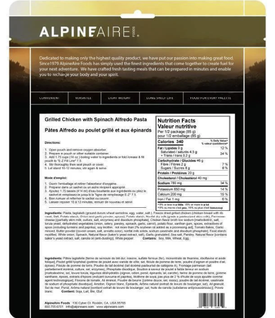 AlpineAire Grilled Chicken with Spinach Alfredo Pasta